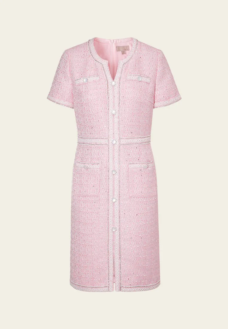 V-neck Lace-trim Slit-pocket Dress