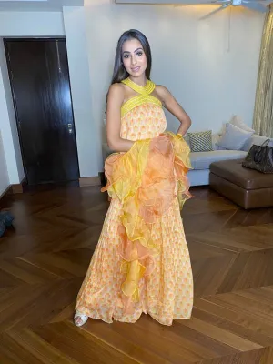 Veni Tandon In Nirmooha's Hand-embroidered Printed Kurta, Printed Sharara with Double Layered Ruffled Dupatta From Retro Ethnic Collection