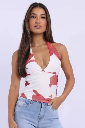 White Floral Halter Neck Top Mesh