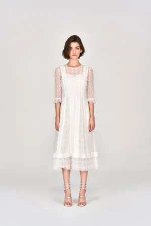 White Mid Sleeves Lace Midi Dress