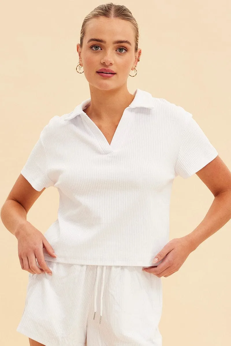 White Prea Rib Polo Short Sleeve Tee