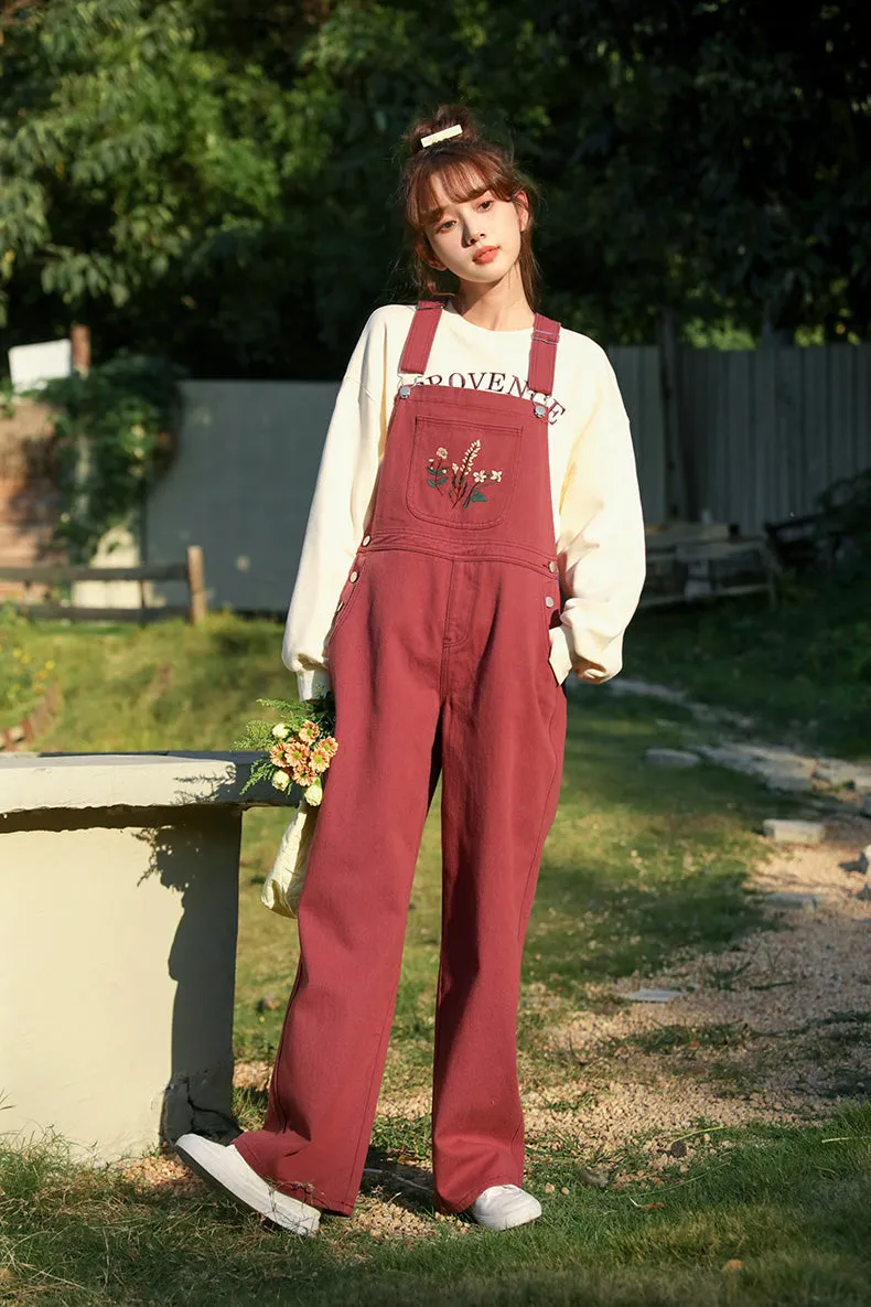 Wildflower Embroidered Overalls (Berry)