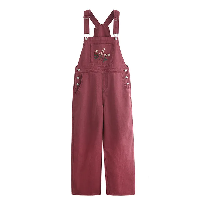 Wildflower Embroidered Overalls (Berry)