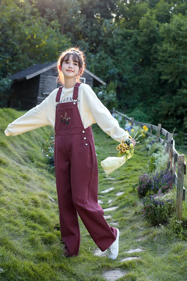 Wildflower Embroidered Overalls (Berry)