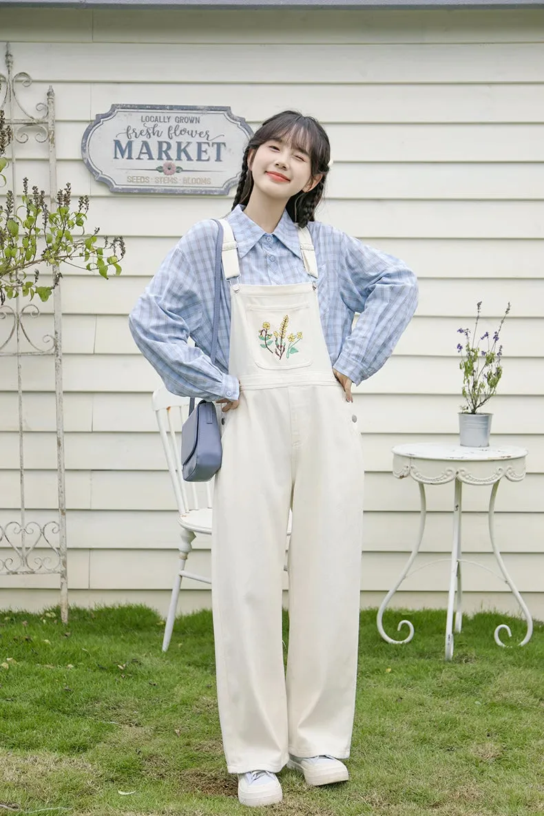 Wildflower Embroidered Overalls (White)