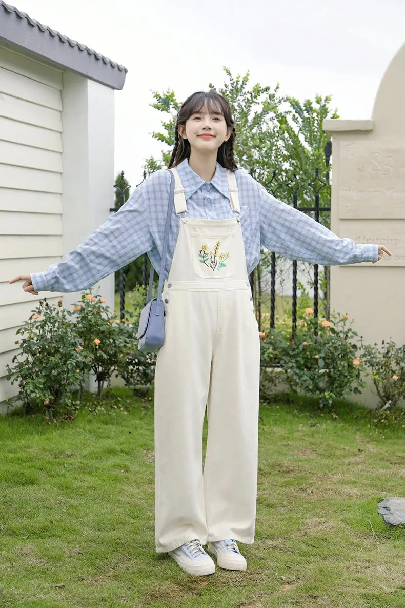 Wildflower Embroidered Overalls (White)