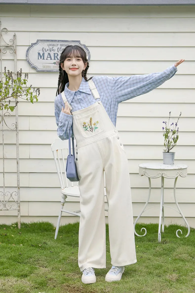 Wildflower Embroidered Overalls (White)