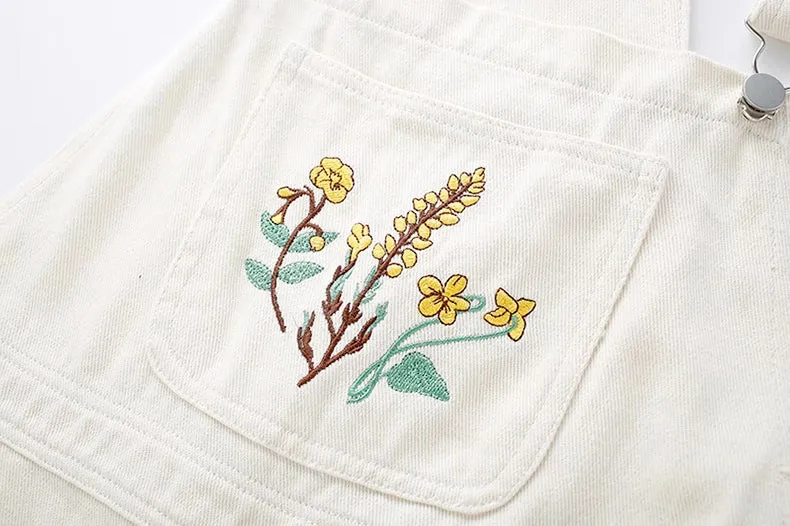 Wildflower Embroidered Overalls (White)