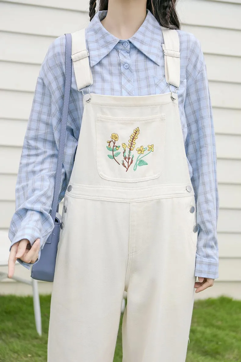 Wildflower Embroidered Overalls (White)