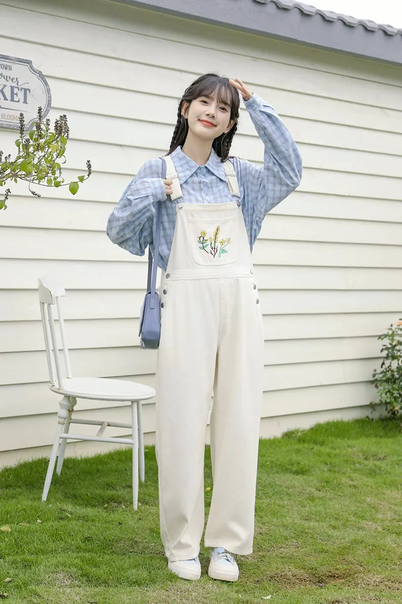 Wildflower Embroidered Overalls (White)