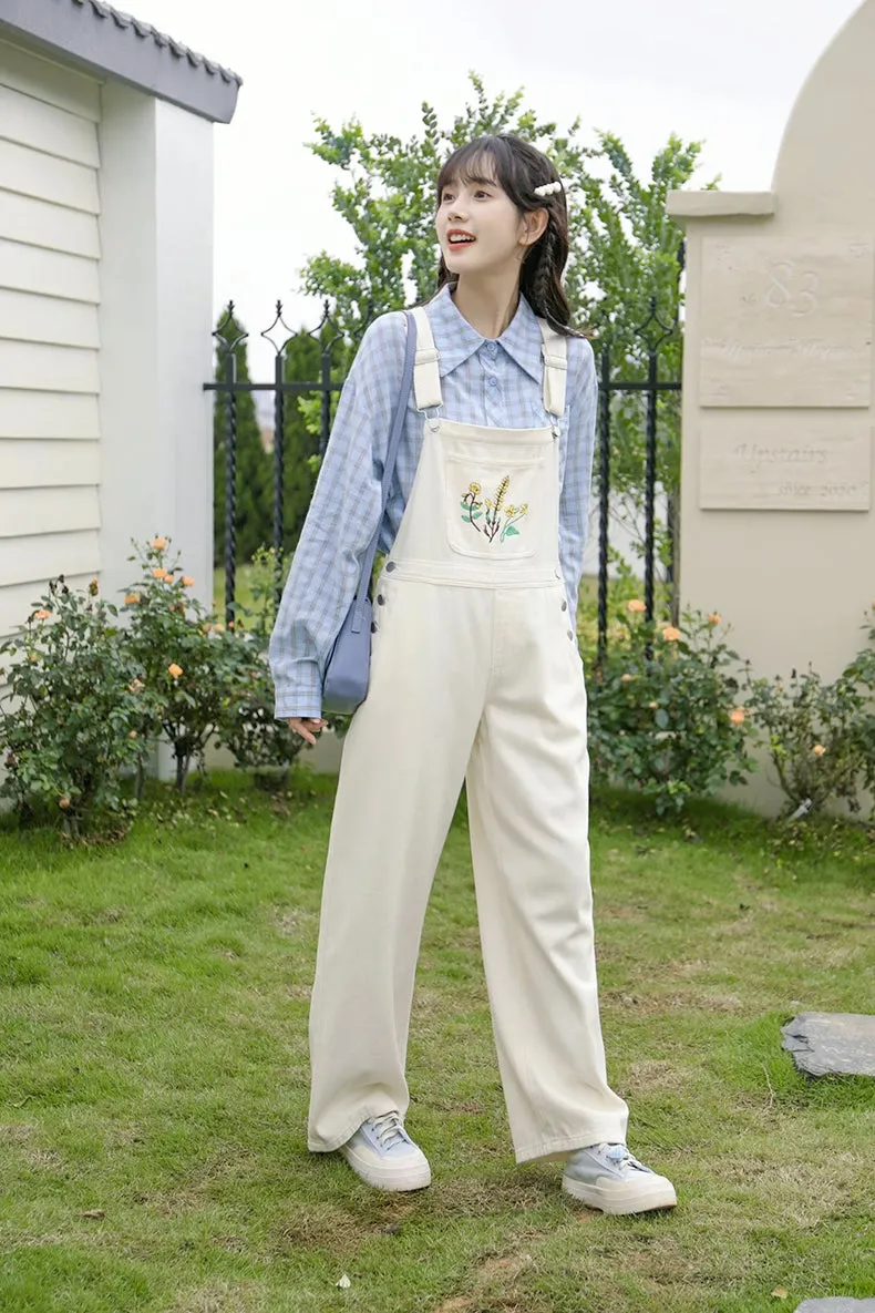 Wildflower Embroidered Overalls (White)
