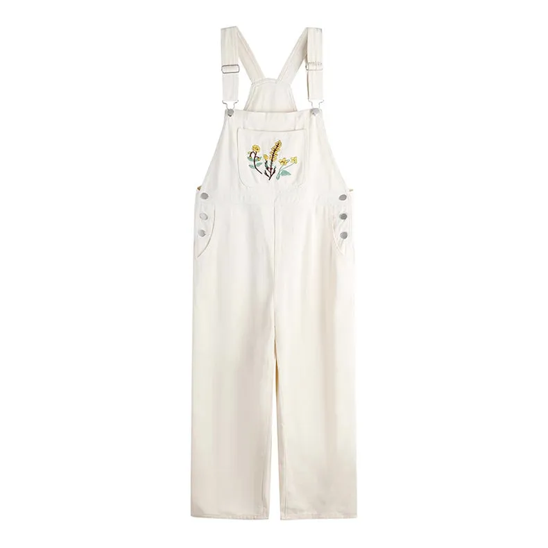 Wildflower Embroidered Overalls (White)