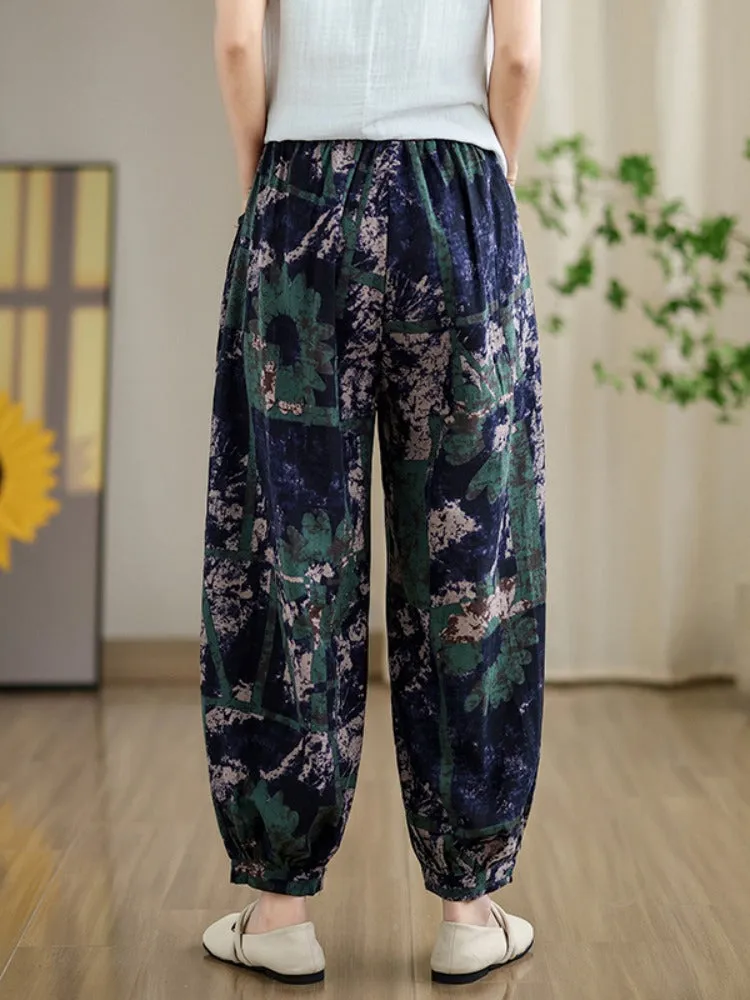 Women Retro Printed Elastic Waist Cotton Linen Harem Pants