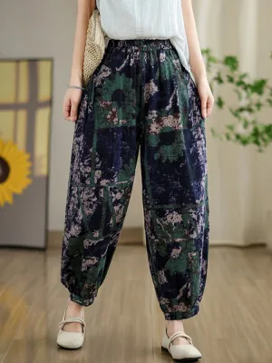 Women Retro Printed Elastic Waist Cotton Linen Harem Pants