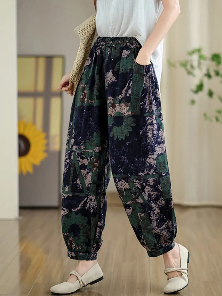 Women Retro Printed Elastic Waist Cotton Linen Harem Pants