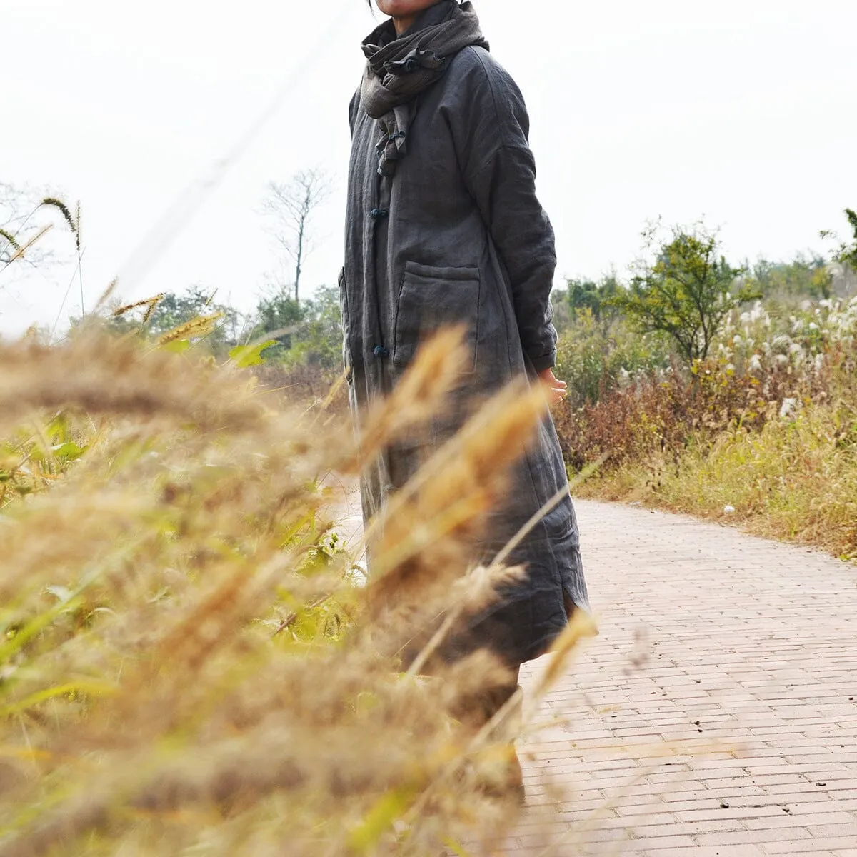 Women Retro Solid Color Mid-Length Autumn Loose Linen Overcoat
