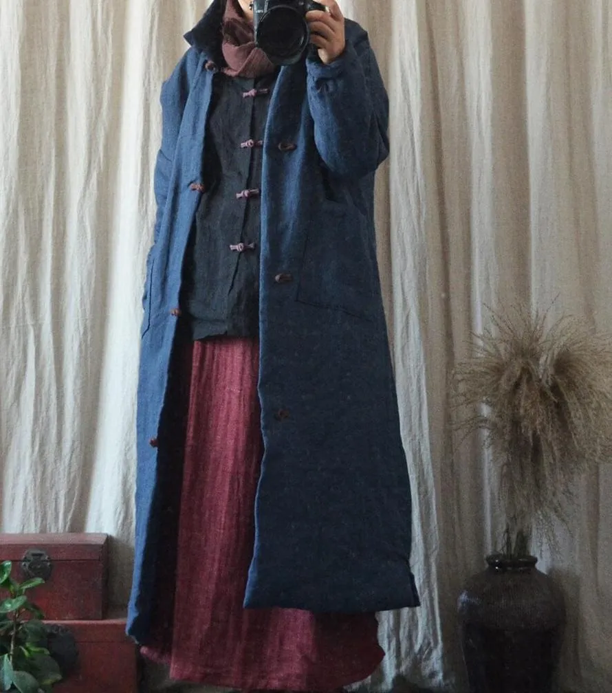 Women Retro Solid Color Mid-Length Autumn Loose Linen Overcoat