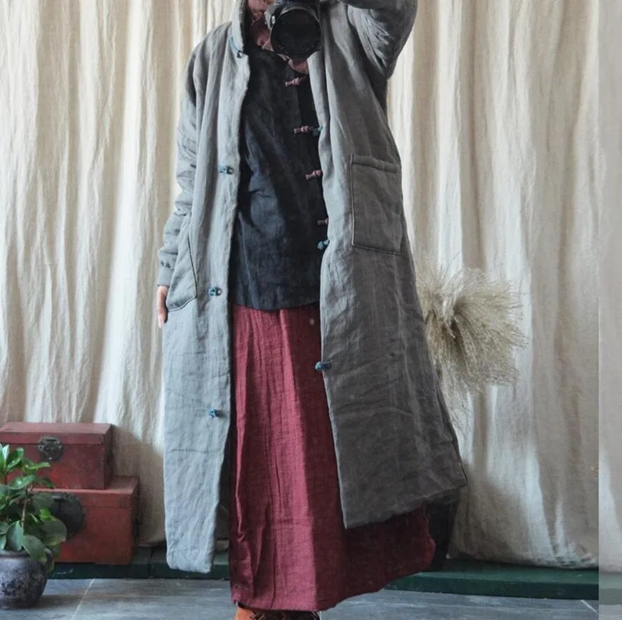 Women Retro Solid Color Mid-Length Autumn Loose Linen Overcoat