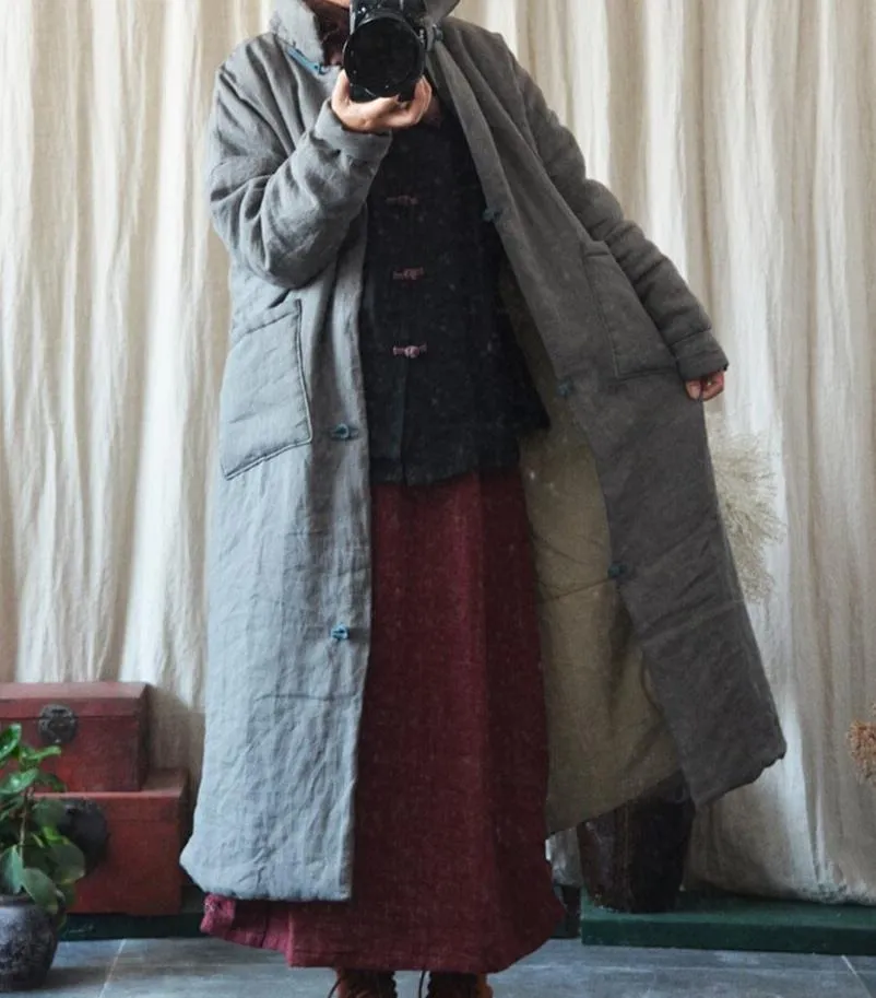 Women Retro Solid Color Mid-Length Autumn Loose Linen Overcoat