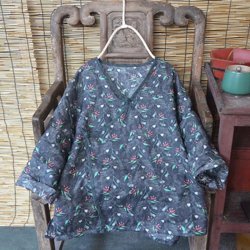 Women Spring Autumn Retro Printed Loose Linen Blouse