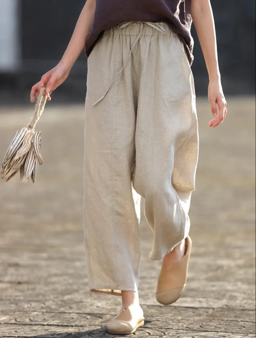 Women Spring Cotton Linen Casual Lace-Up Ankle Pants