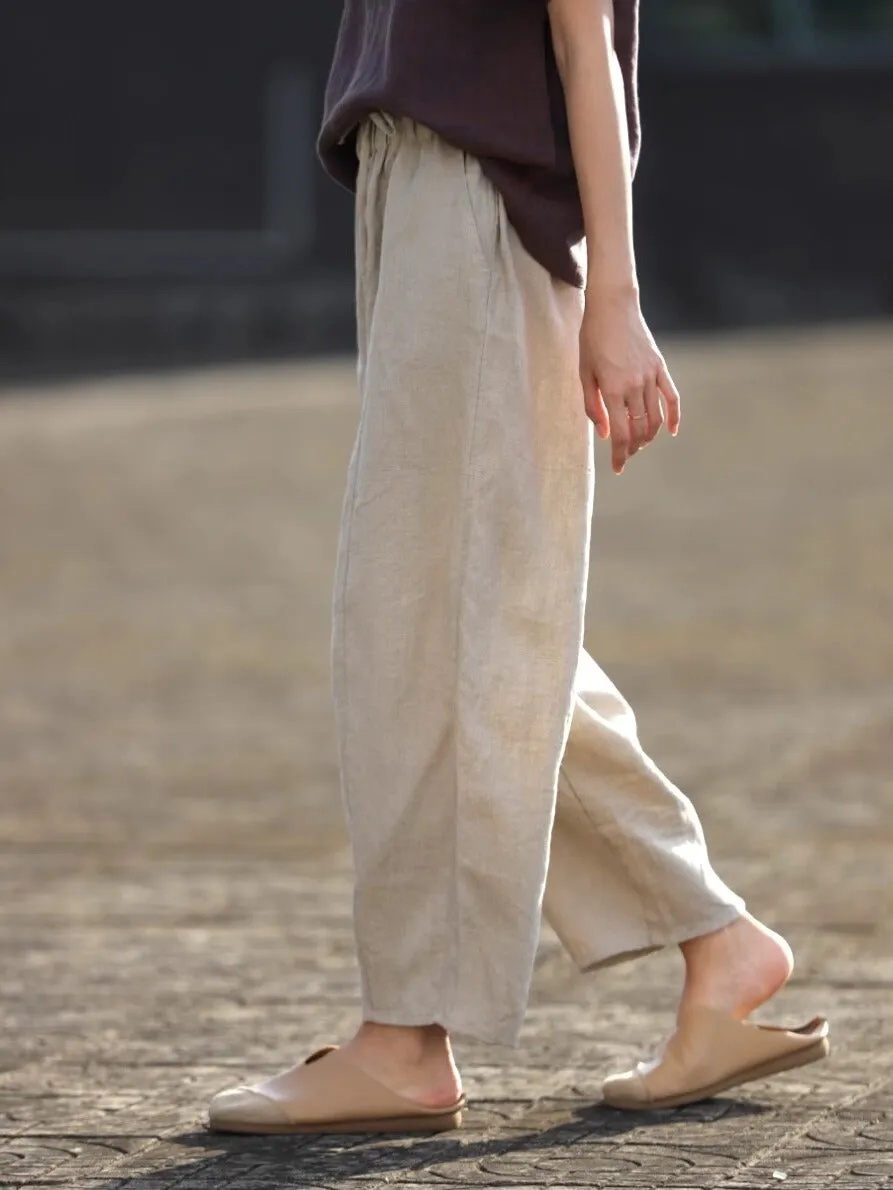 Women Spring Cotton Linen Casual Lace-Up Ankle Pants