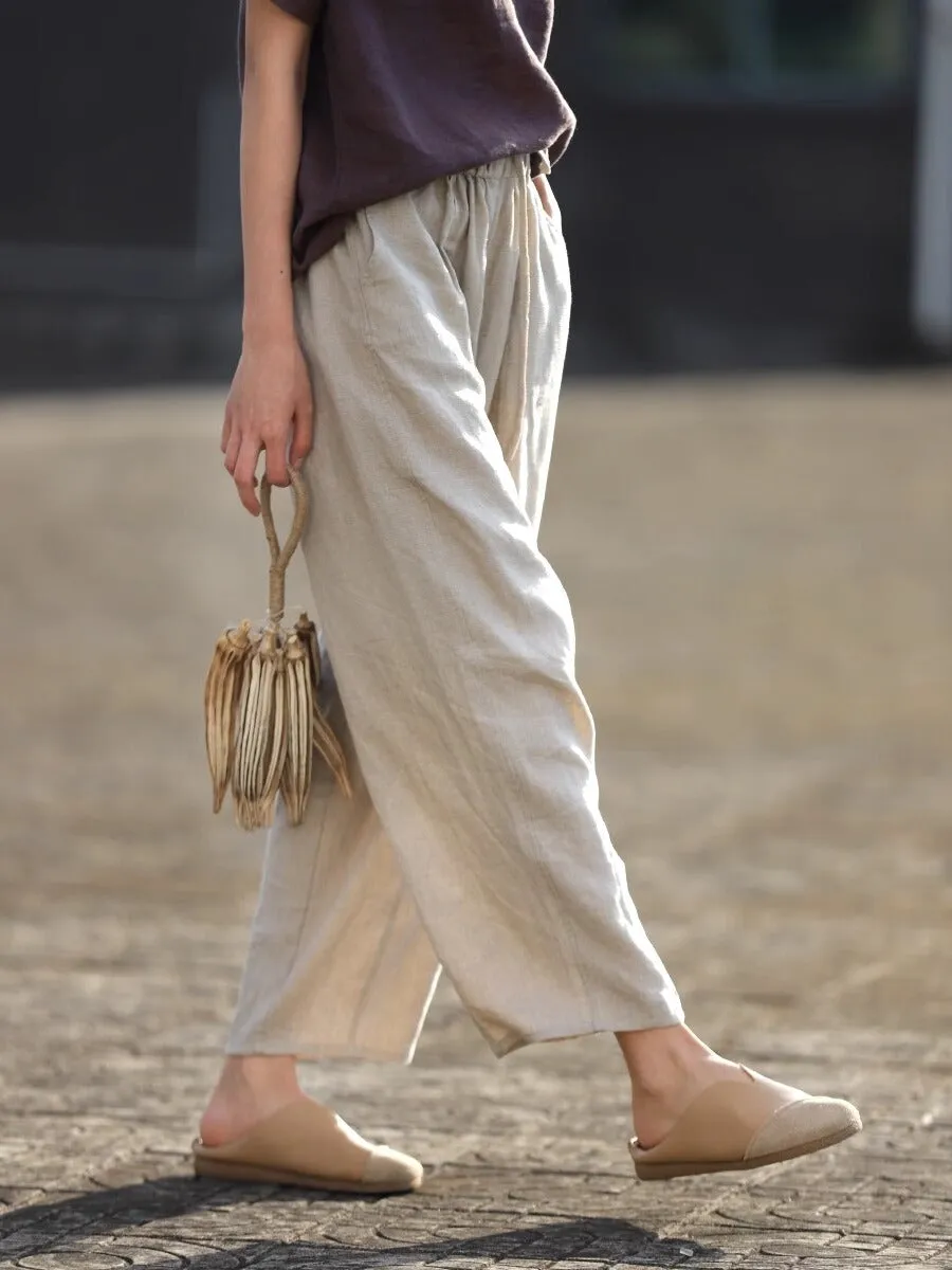 Women Spring Cotton Linen Casual Lace-Up Ankle Pants
