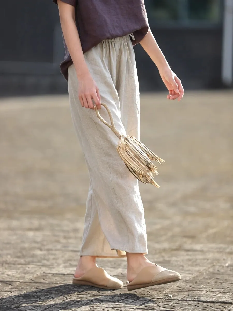 Women Spring Cotton Linen Casual Lace-Up Ankle Pants