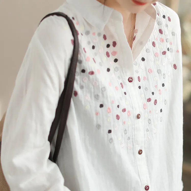 Women Spring Double Layer Veil Embroidered Long Sleeves Shirt