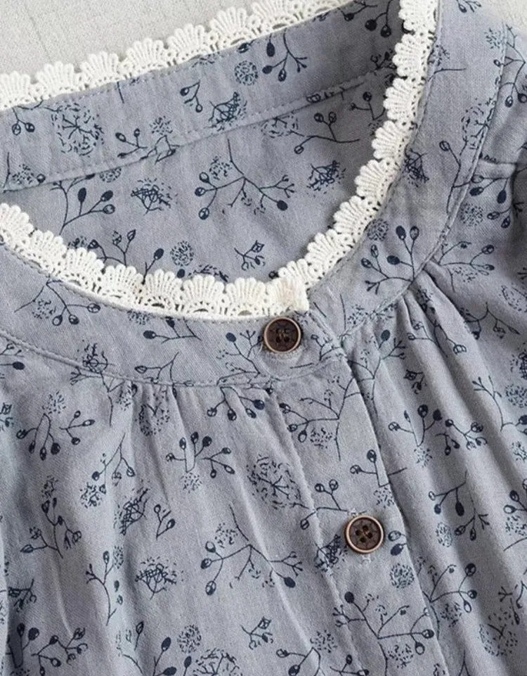 Women Spring Floral Loose Lace Long-Sleeved Cotton Shirt