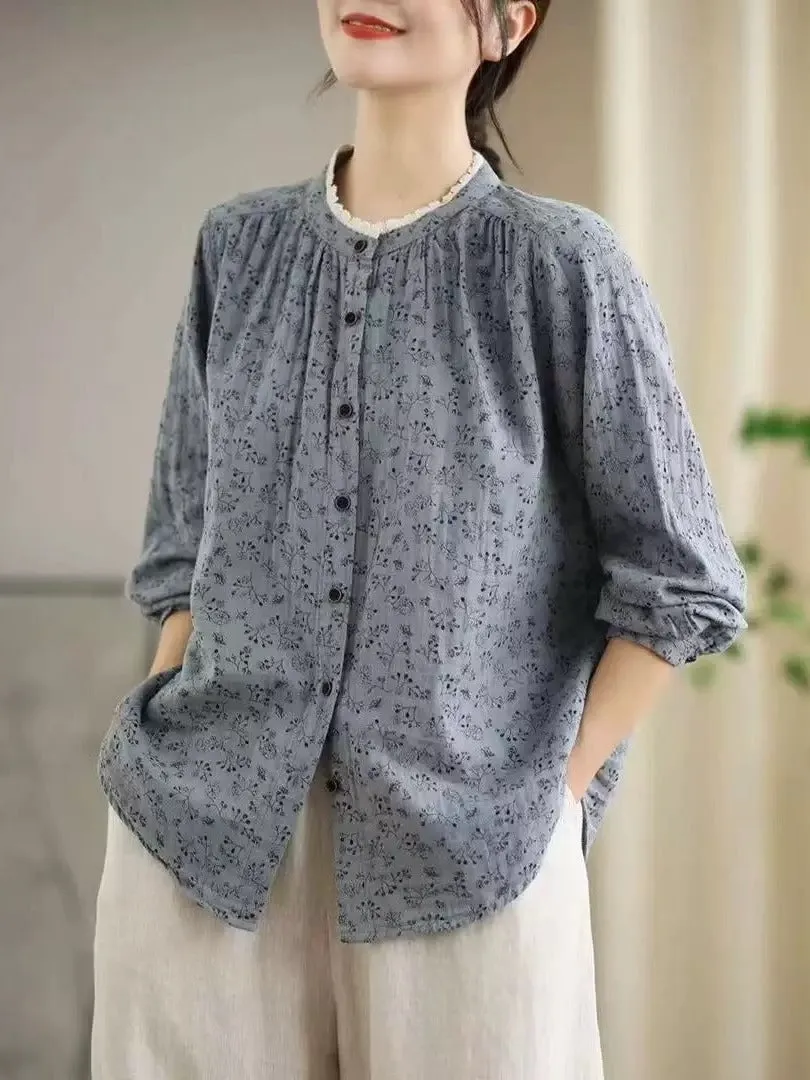 Women Spring Floral Loose Lace Long-Sleeved Cotton Shirt