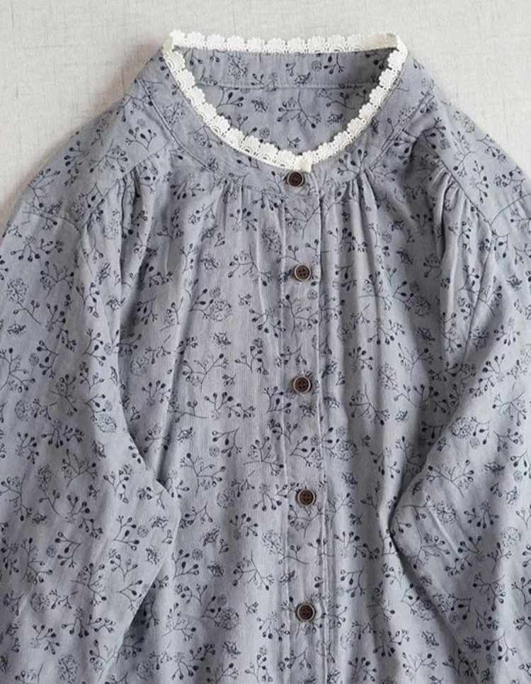Women Spring Floral Loose Lace Long-Sleeved Cotton Shirt