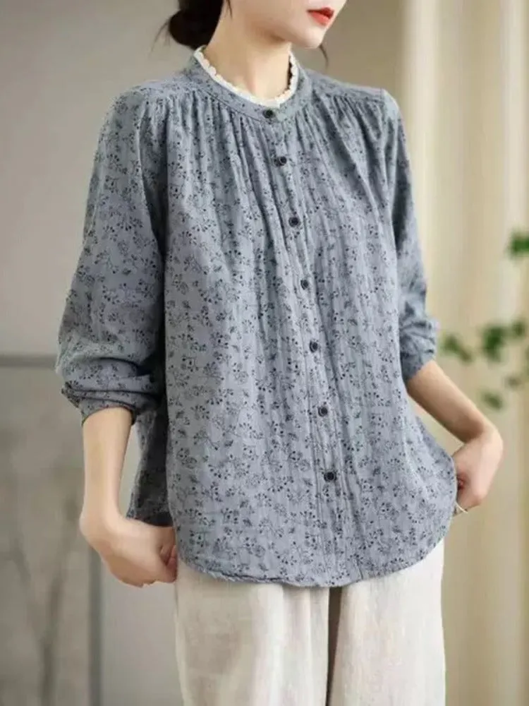 Women Spring Floral Loose Lace Long-Sleeved Cotton Shirt