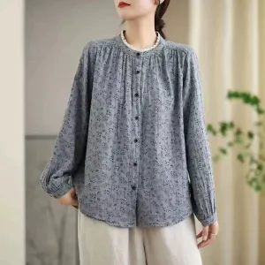Women Spring Floral Loose Lace Long-Sleeved Cotton Shirt