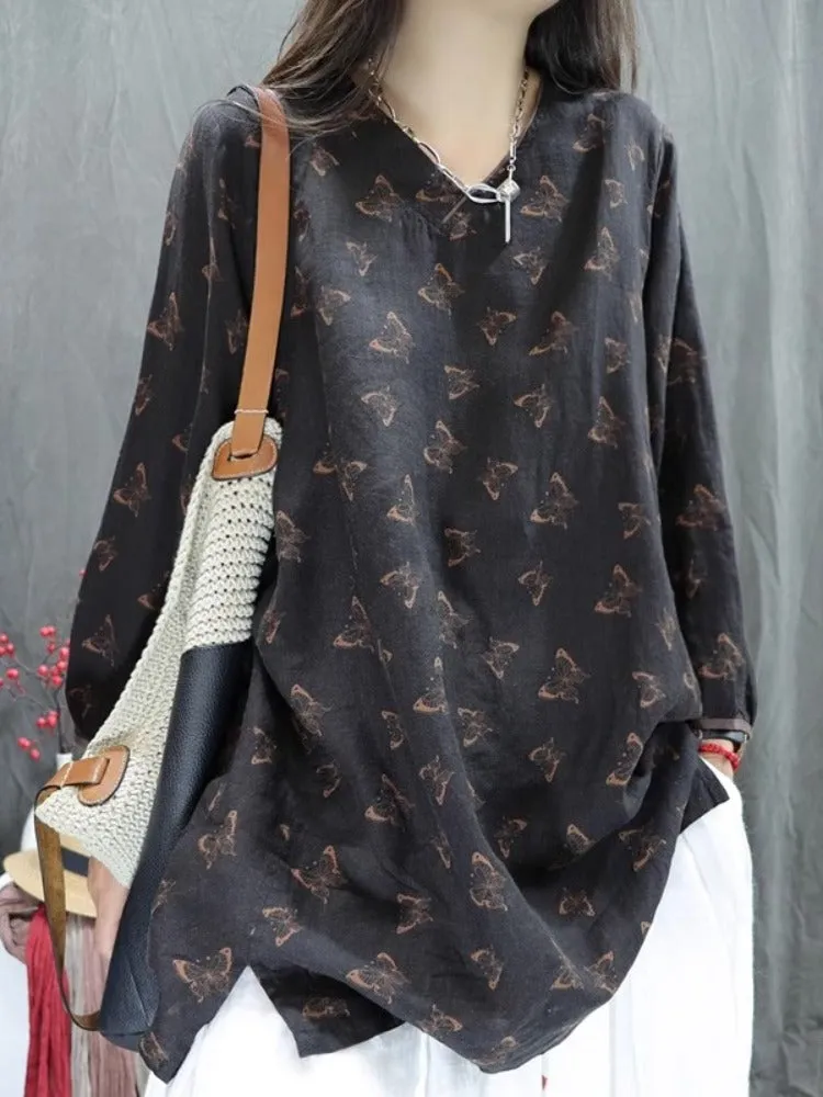 Women Spring Printed V-Neck Plus Size Loose Shirt