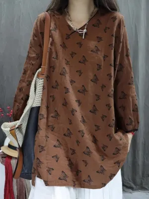 Women Spring Printed V-Neck Plus Size Loose Shirt