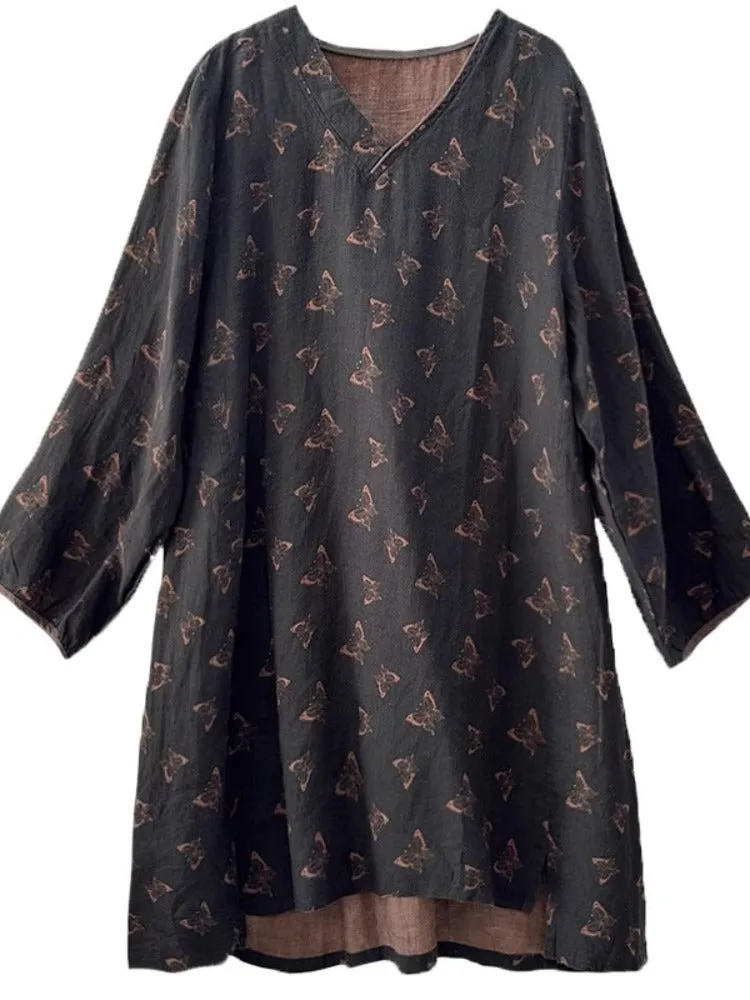 Women Spring Printed V-Neck Plus Size Loose Shirt