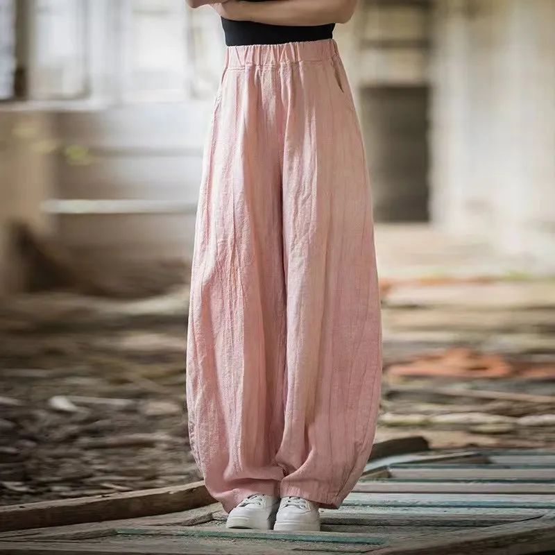 Women Spring Retro Cotton Solid Color Loose Harem Pants