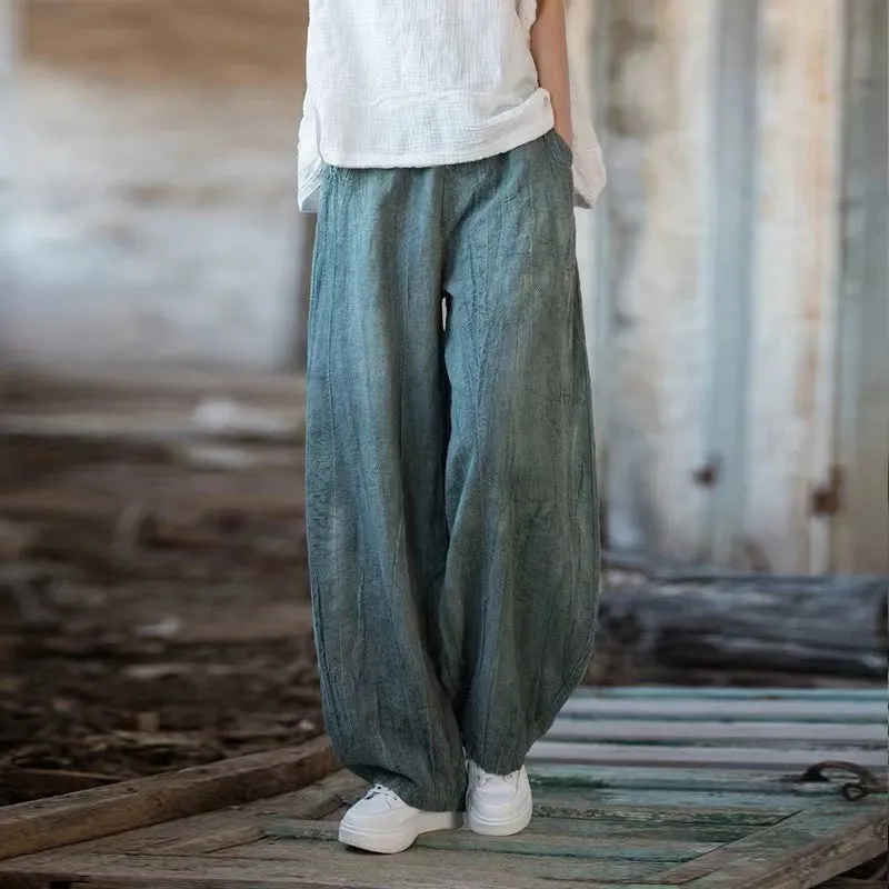Women Spring Retro Cotton Solid Color Loose Harem Pants