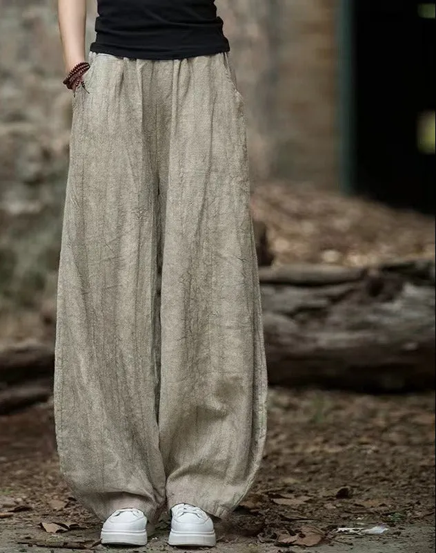 Women Spring Retro Cotton Solid Color Loose Harem Pants