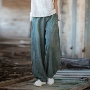 Women Spring Retro Cotton Solid Color Loose Harem Pants