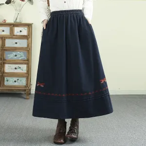 Women Spring Retro Embroidered Denim Skirt with Bow