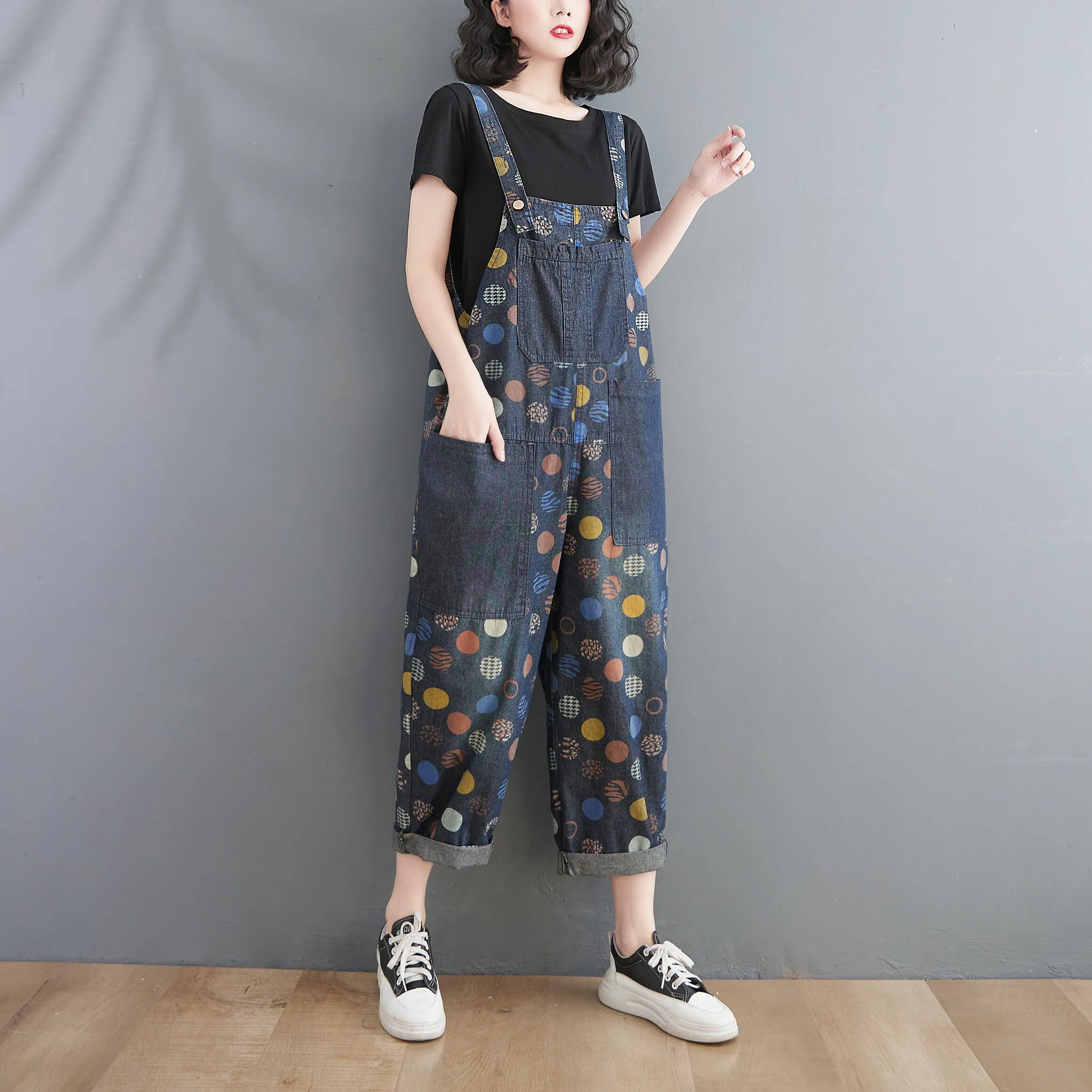 Women Spring Summer Retro Pots Loose Denim Harem Jumpsuit