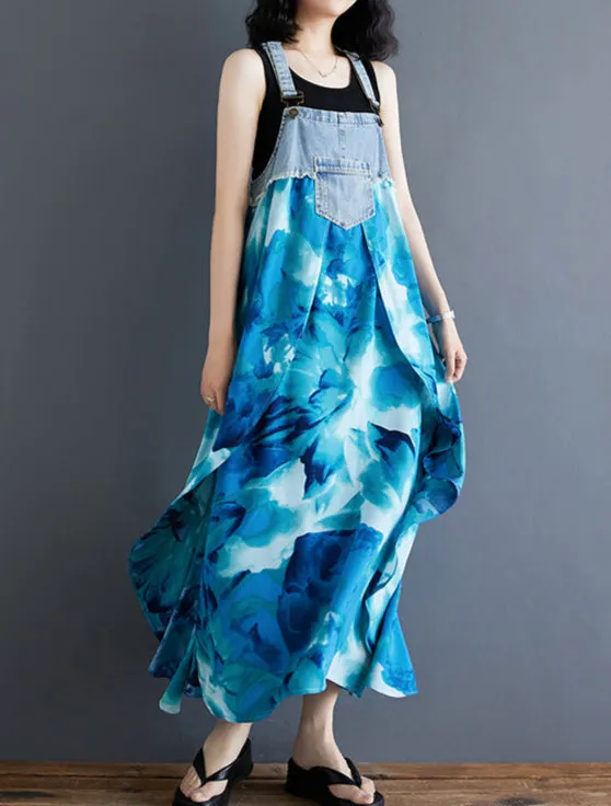 Women¡¯s Floral Spaghetti Strap Denim Patchwork Maxi Dress