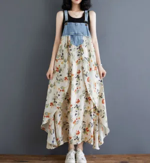 Women¡¯s Floral Spaghetti Strap Denim Patchwork Maxi Dress