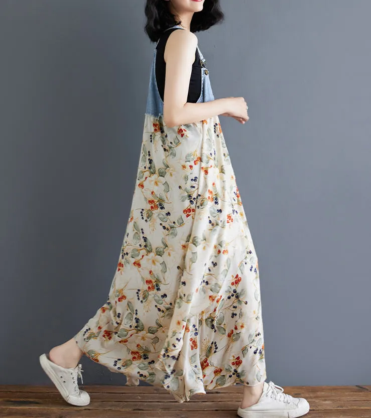 Women¡¯s Floral Spaghetti Strap Denim Patchwork Maxi Dress