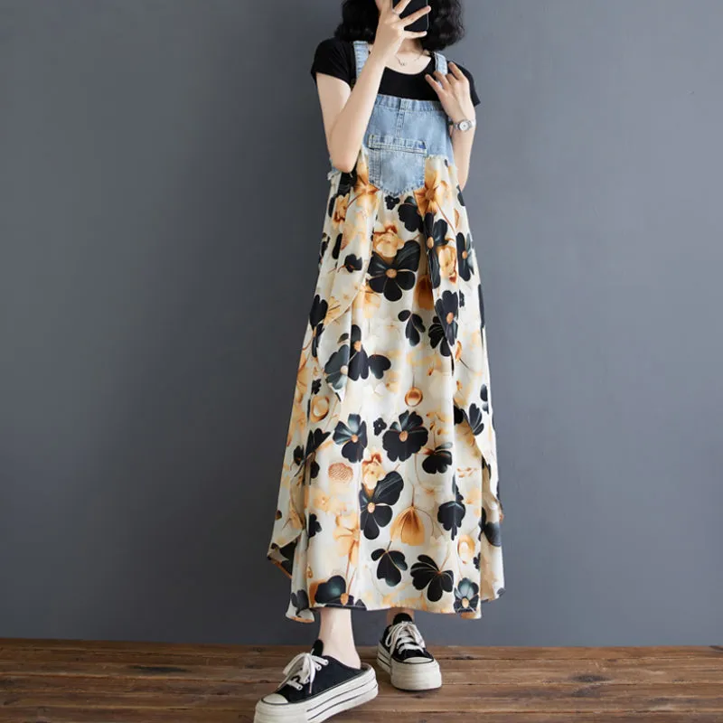 Women¡¯s Floral Spaghetti Strap Denim Patchwork Maxi Dress