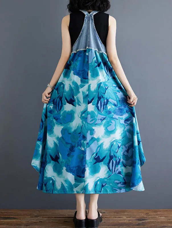 Women¡¯s Floral Spaghetti Strap Denim Patchwork Maxi Dress
