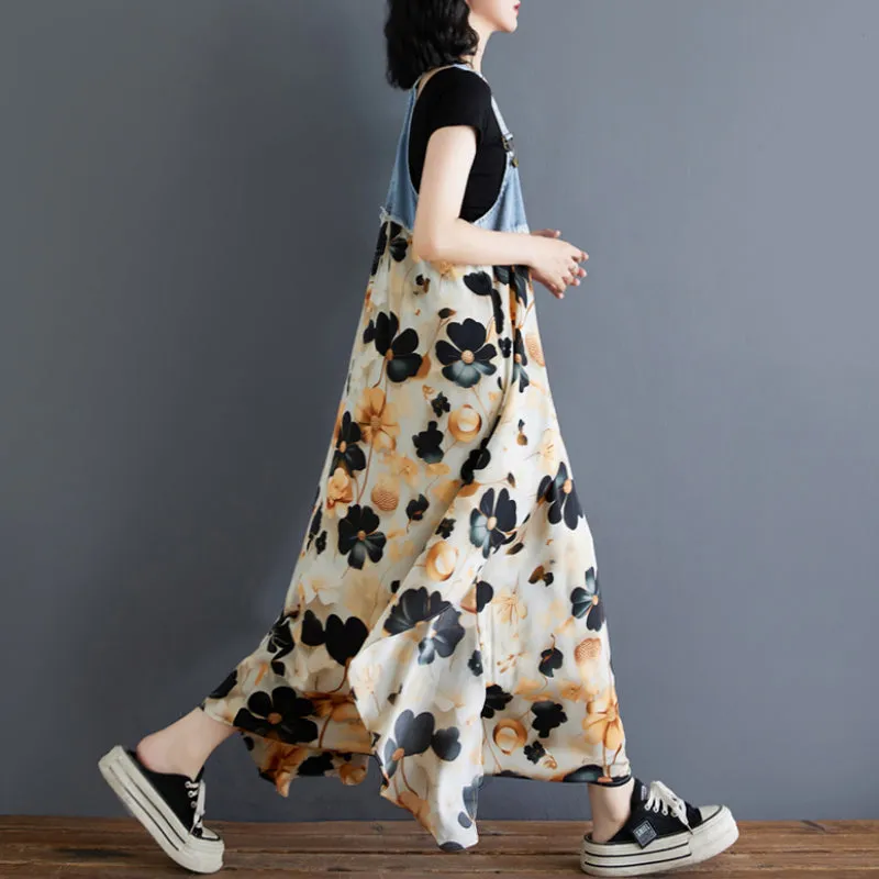 Women¡¯s Floral Spaghetti Strap Denim Patchwork Maxi Dress