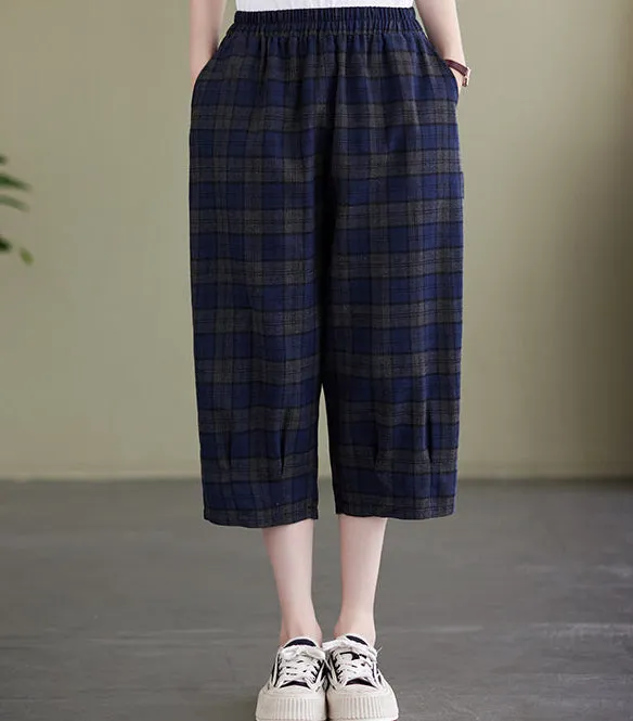 Women's Retro Loose Plaid Cotton Linen Cropped Pants